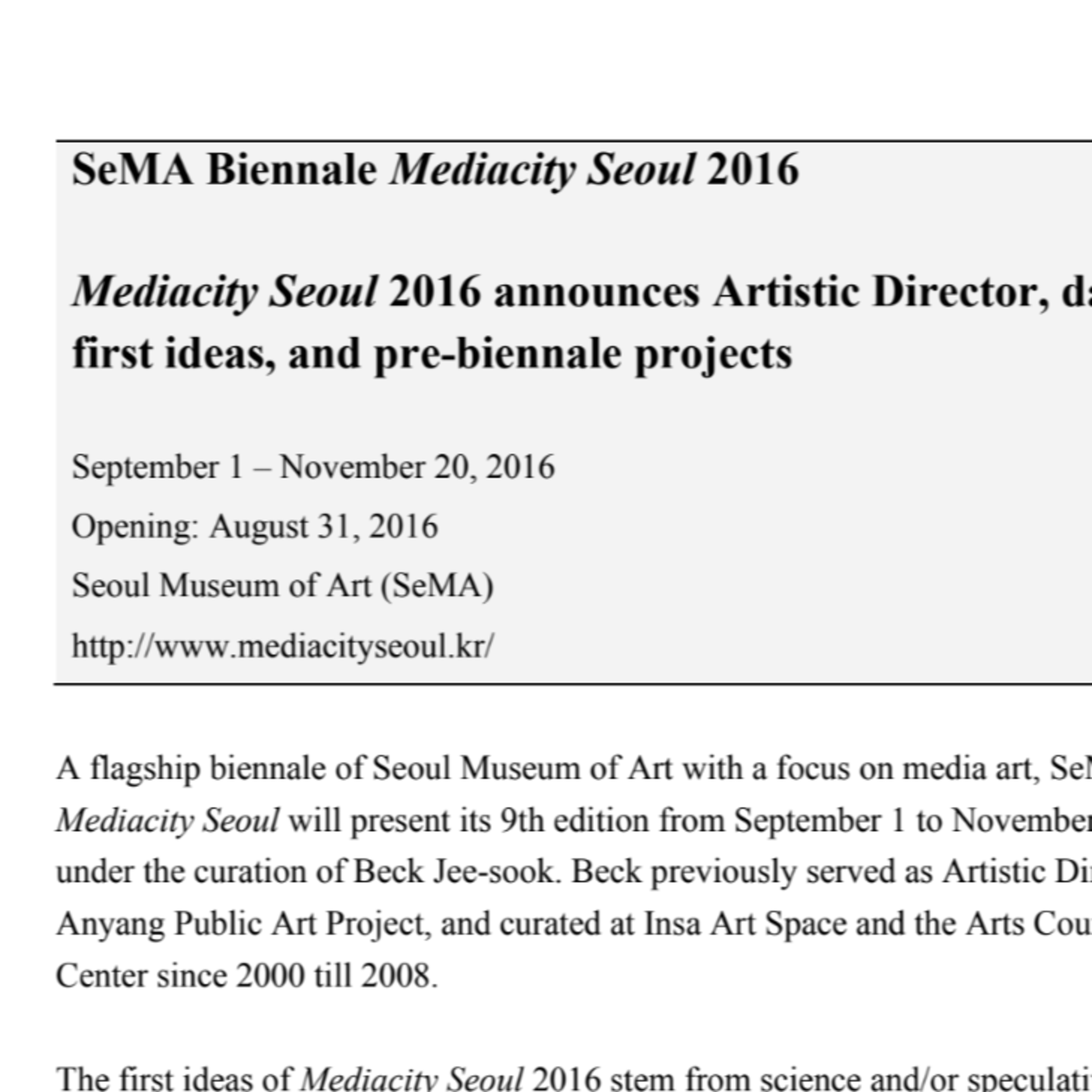 SeMA Biennale Mediacity Seoul 2016 announces Artistic Director, dates, first ideas, and pre-biennale projects